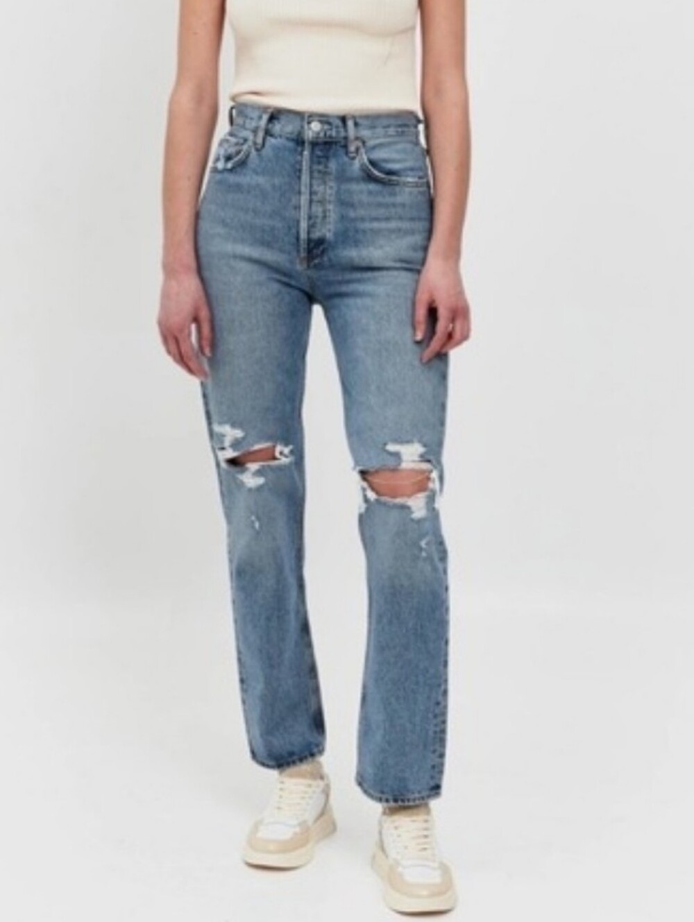 Agolde Riley Distressed Button Fly High-Rise Straight Crop Blue Jeans Size 29